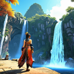 **

"A stunning view of Van Quốc in Blade & Soul, showcasing the majestic waterfalls and intricate character costume details. Focus on the vibrant colors and fantasy atmosphere. A Vietnamese player character is gazing at the landscape in awe."

**