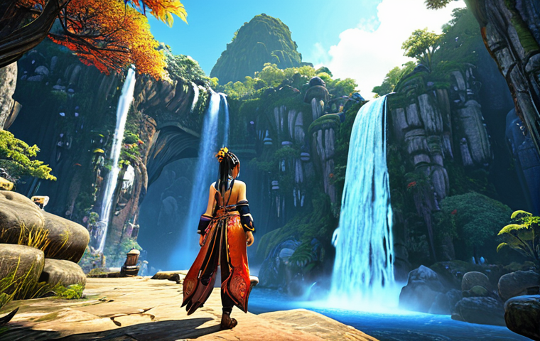 **

"A stunning view of Van Quốc in Blade & Soul, showcasing the majestic waterfalls and intricate character costume details. Focus on the vibrant colors and fantasy atmosphere. A Vietnamese player character is gazing at the landscape in awe."

**