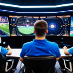 A diverse group of three professional e-sports players, fully clothed in modest, appropriate attire and professional e-sports uniforms, are seated at ergonomic gaming stations within a modern, well-lit e-sports arena. Large holographic screens in the background display abstract strategic game data, not actual gameplay. They are engaged in focused discussion, pointing at the screens, making hand gestures indicating collaborative strategy, with determined and collaborative expressions. High-resolution, professional photography, cinematic lighting, vibrant colors, perfect anatomy, correct proportions, natural pose, well-formed hands, proper finger count, safe for work, appropriate content, fully clothed, professional dress, family-friendly.