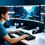 A focused young adult gamer, gender-neutral appearance, in professional casual wear, seated at a high-tech gaming desk with multiple monitors displaying a stylized game interface. The room is modern and well-lit, designed for optimal concentration. The gamer is fully clothed, modest attire, appropriate content, safe for work, perfect anatomy, natural pose, well-formed hands, natural body proportions, professional photography, high quality.