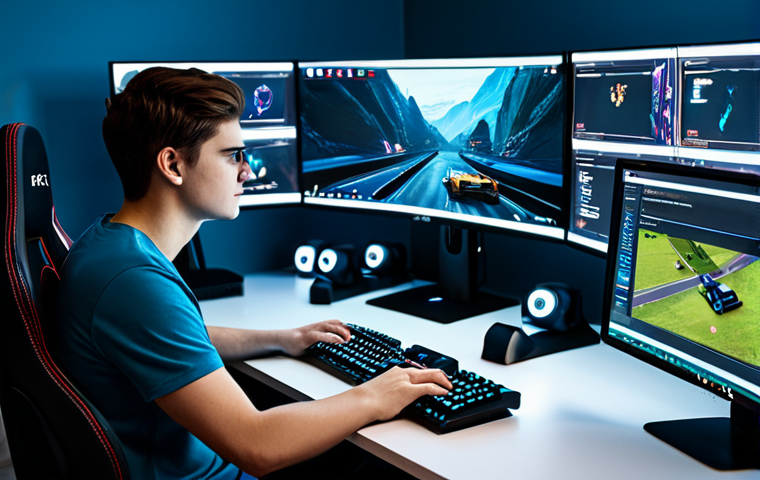 A focused young adult gamer, gender-neutral appearance, in professional casual wear, seated at a high-tech gaming desk with multiple monitors displaying a stylized game interface. The room is modern and well-lit, designed for optimal concentration. The gamer is fully clothed, modest attire, appropriate content, safe for work, perfect anatomy, natural pose, well-formed hands, natural body proportions, professional photography, high quality.