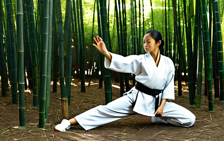 **

A professional female martial artist in a fully clothed, modest training uniform practicing forms in a serene bamboo forest.  Sunlight filters through the leaves. Perfect anatomy, correct proportions, well-formed hands, proper finger count, natural body proportions, safe for work, appropriate content, family-friendly, professional.

**
