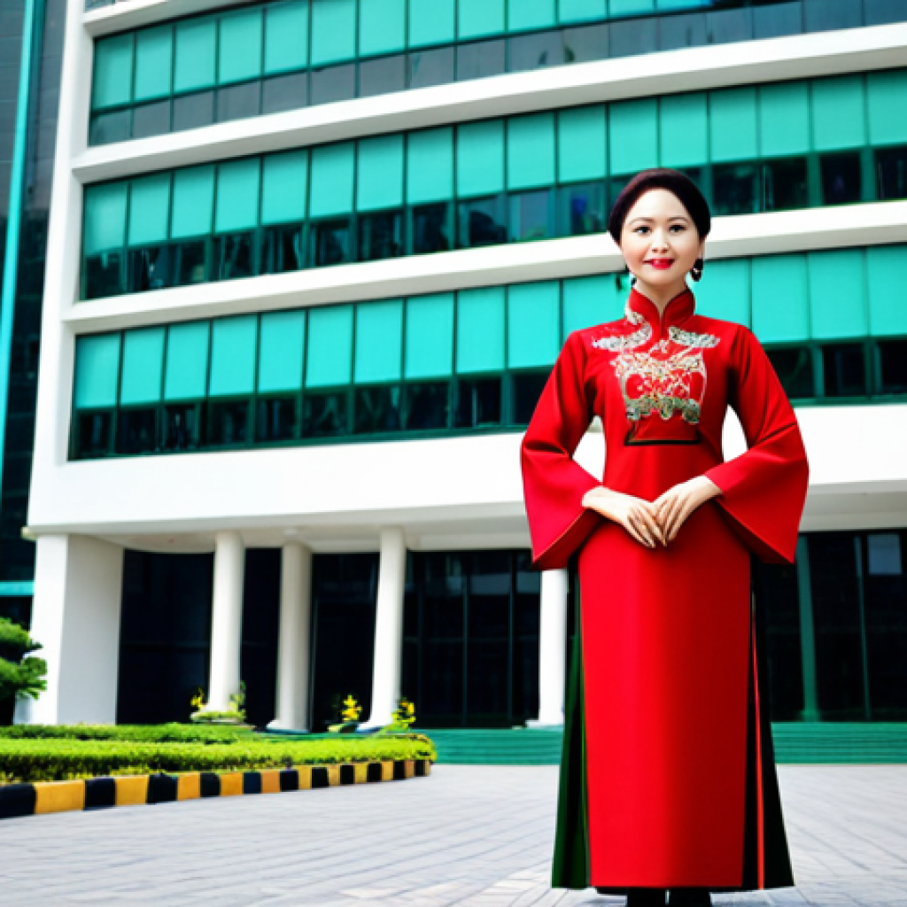 Professional Businesswoman in Hanoi**

A professional businesswoman in a modest ao dai (traditional Vietnamese dress), standing in front of a modern office building in Hanoi, Vietnam, fully clothed, appropriate attire, safe for work, perfect anatomy, natural proportions, professional photography, high quality.

**