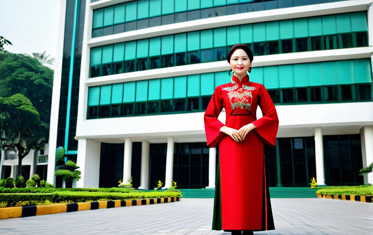 Professional Businesswoman in Hanoi**

A professional businesswoman in a modest ao dai (traditional Vietnamese dress), standing in front of a modern office building in Hanoi, Vietnam, fully clothed, appropriate attire, safe for work, perfect anatomy, natural proportions, professional photography, high quality.

**