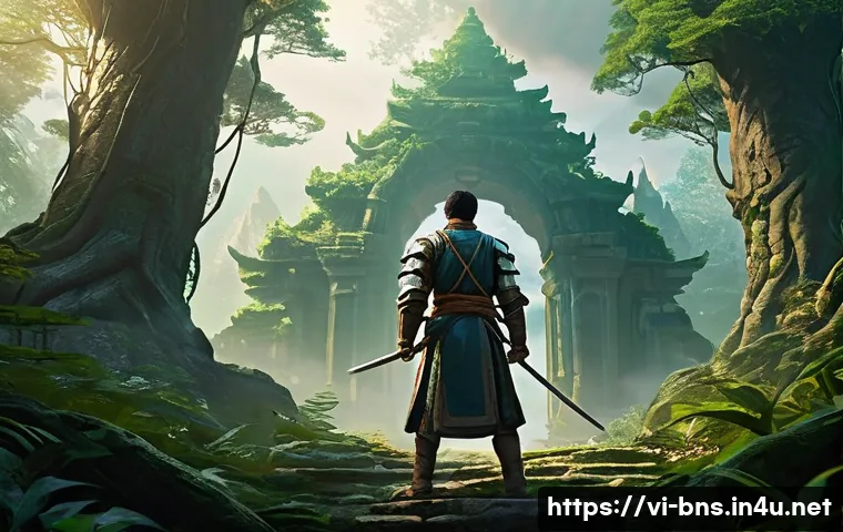 블레이드앤소울 신규 유저 패키지 - **Prompt:** A vibrant, fantastical world with towering, ancient structures and lush landscapes. In t...