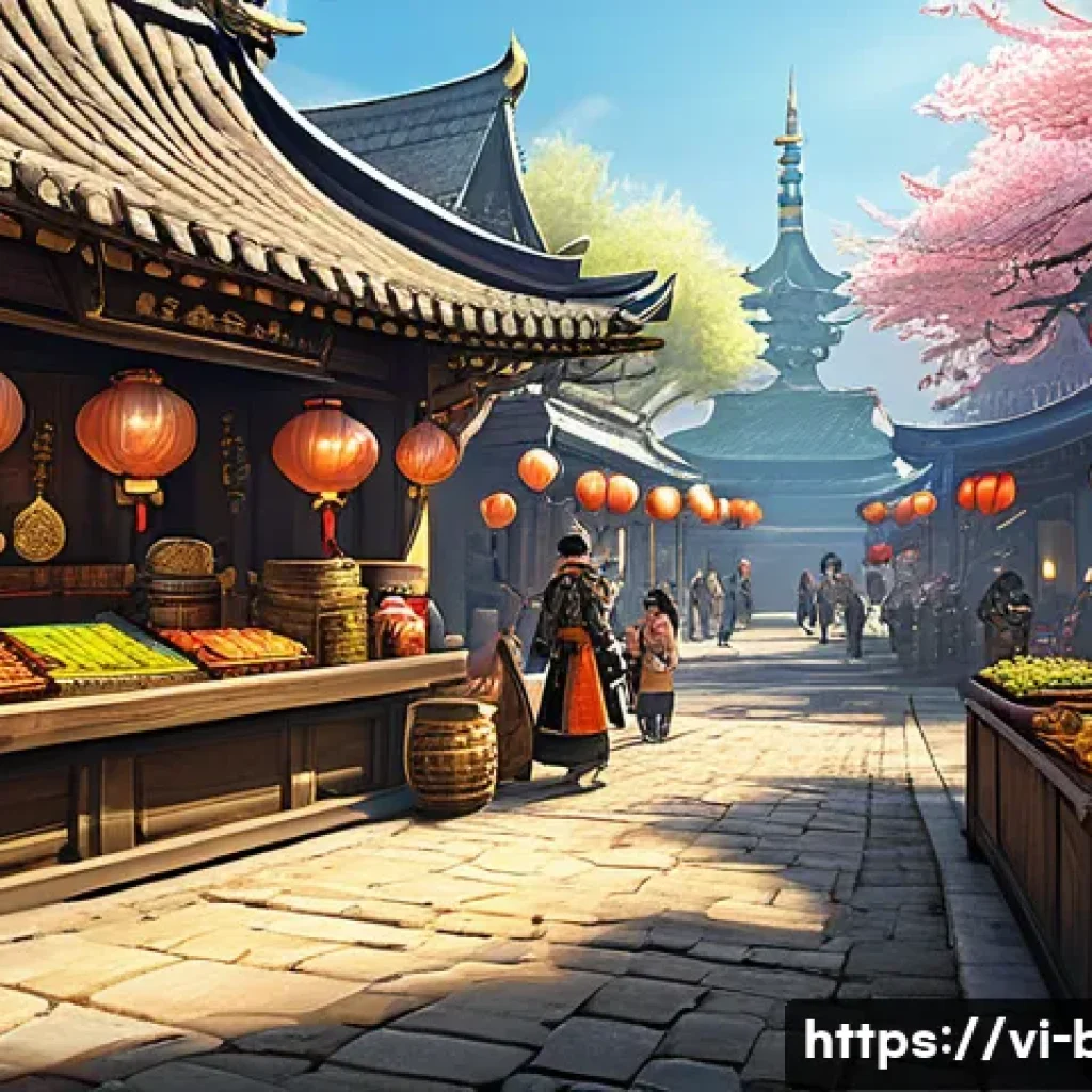 블레이드앤소울 명점 아이템 교환처 - A bustling fantasy city market scene inspired by Blade & Soul, featuring a detailed NPC vendor stall...