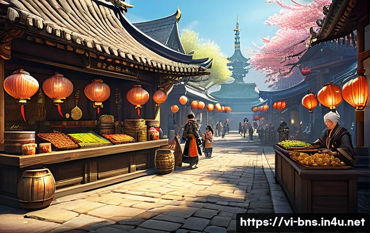 블레이드앤소울 명점 아이템 교환처 - A bustling fantasy city market scene inspired by Blade & Soul, featuring a detailed NPC vendor stall...