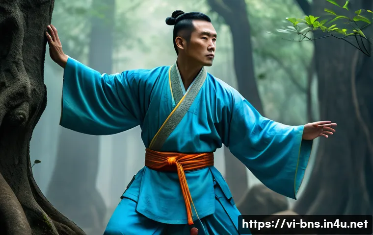 블레이드앤소울 신공패 비교 - A powerful martial artist embodying the "Internal Energy" (Nội Công) style, standing resilient in a ...