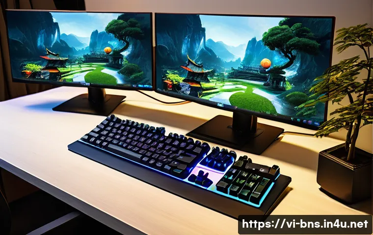 블레이드앤소울 최적 세팅 가이드 - A detailed gaming setup scene focused on a mid-range PC gaming environment in Vietnam, featuring a s...