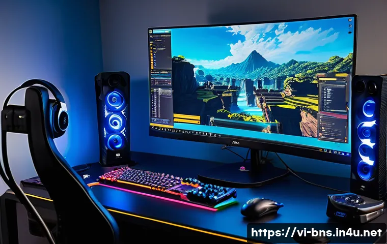 블레이드앤소울 스트리밍 설정 가이드 - A dynamic gaming streaming setup featuring a Vietnamese streamer sitting in a modern room with ambie...