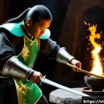 블레이드앤소울 고급 제작법 - Photorealistic high-fantasy artisan workshop inspired by Vietnamese imperial craftsmanship, a skille...