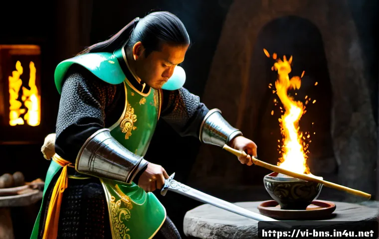 블레이드앤소울 고급 제작법 - Photorealistic high-fantasy artisan workshop inspired by Vietnamese imperial craftsmanship, a skille...