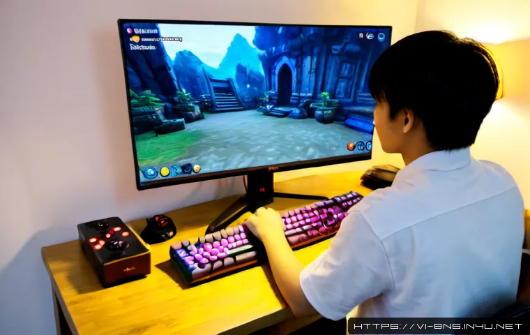 Home 17 블레이드앤소울 미션 난이도별 정리 - Photorealistic Vietnamese young adult gamer at a clean home desk comparing fantasy action game missi...